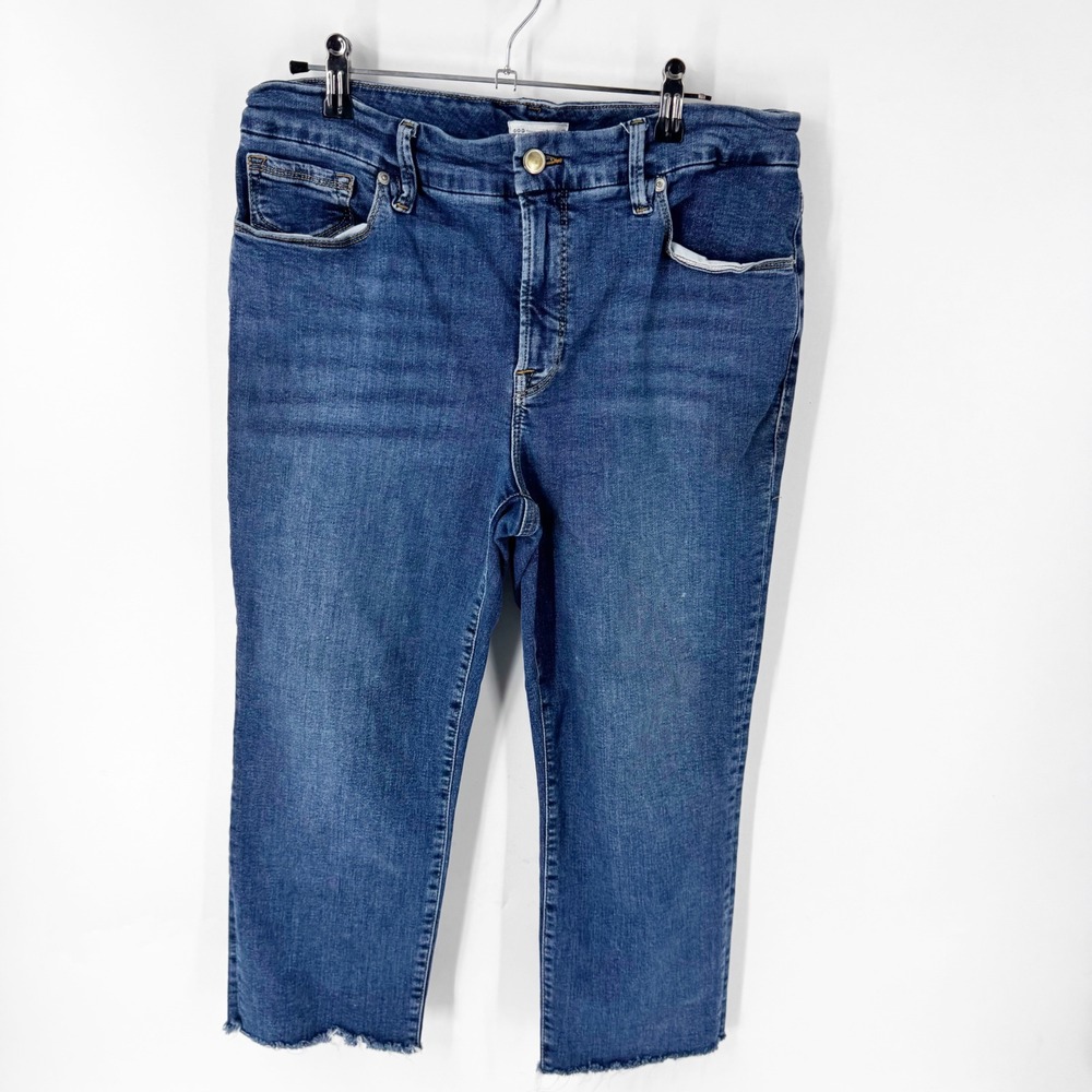 Good American Womens Straight Leg Raw Hem Jeans Blue Medium Wash Size 14/32